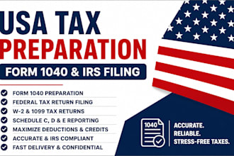 handle USA federal tax return, form 1040, tax preparation and irs filing