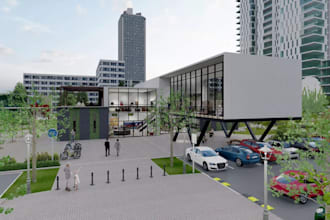 create 3d modern cafe, coworking space and commercial landscape design