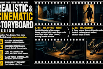 create realistic storyboard design cinematic storyboard design book cover design