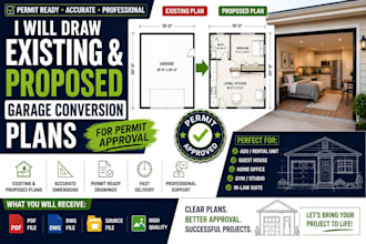 draw existing and proposed garage conversion plans for permit approval