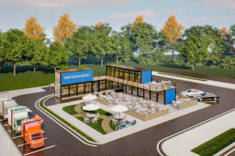 redesign 3d rooftop container restaurant, outdoor bar,food truck,storefront cafe