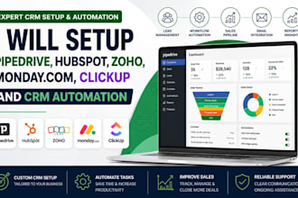 set up pipedrive CRM, hubspot, zoho, monday, click up and CRM automation