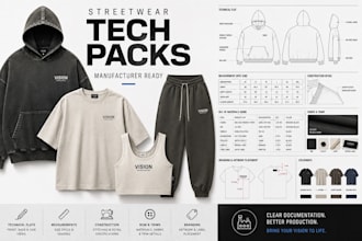 create detailed streetwear tech packs for hoodies, tees and joggers