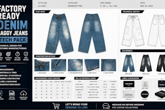 create cloth ready tech pack for baggy denim jeans and jacket for manufacturing
