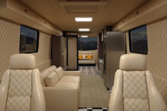 design camper van, truck, bus, rv motorhome, caravan interior with 3d rendering