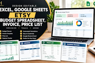 design editable excel, google sheets etsy budget spreadsheet, invoice price list
