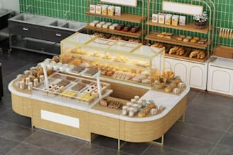 design 3d food kiosk interior and kitchen rendering