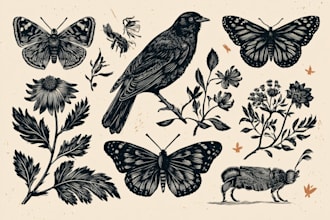 illustrate botanical and animal linocut illustration