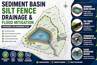 design sediment basin, silt fence, drainage and flood mitigation plans