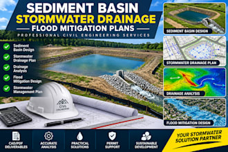 design sediment basin, stormwater drainage, flood mitigation plans