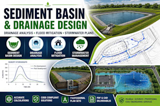 design sediment basin, drainage analysis, flood mitigation stormwater plans