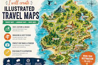 create illustrated travel map, tourist map, landmark map and route map