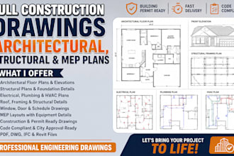 draw stamp full construction drawing with architectural, structural and mep plan