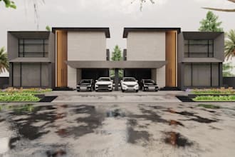 design link detached house for uk developer, 3d twin villa, tropical home render