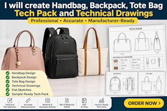 create handbag, backpack, tote bag tech pack and 2d technical drawings