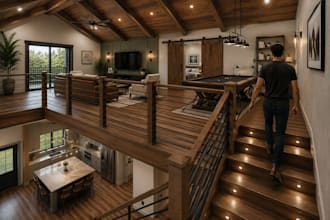create luxury 3d barndominium interior, shouse, farmhouse and rustic home render