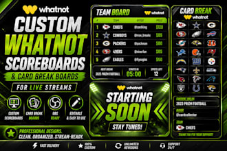 design custom whatnot scoreboards and card break boards for live streams