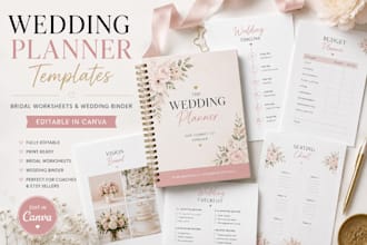 design canva wedding planner templates, bridal worksheets and wedding binder