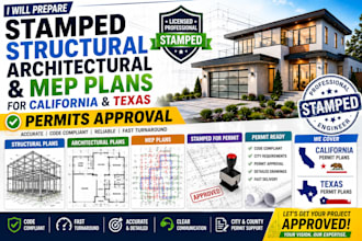 prepare stamped structural architectural mep plans for california texas permits