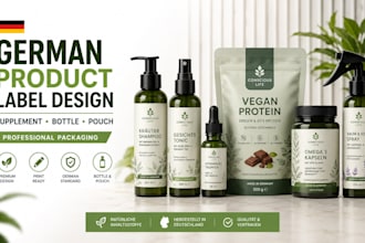 design german product label, supplement label, bottle and pouch packaging design