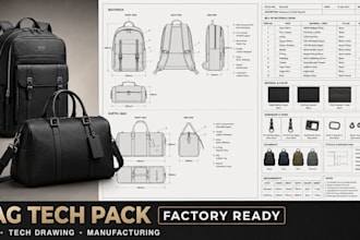 create a factory ready bag backpack handbag tech pack for manufacturing