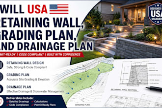 design retaining wall, grading plan, and drainage plan