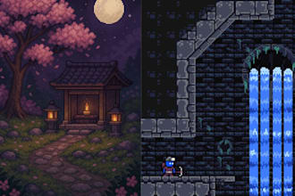 create pixel art background and game streams,  scene illustration
