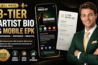 write a 3 tier artist bio and responsive mobile music press kit, music migration