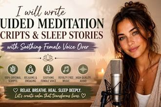 write a guided meditation script and sleep story with voice over