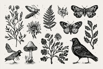 illustrate botanical and animal linocut illustration