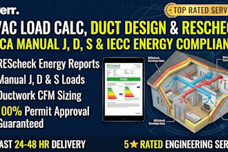 provide hvac load calculation duct design and rescheck energy report