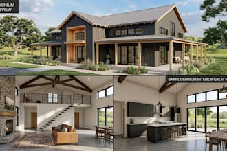 create 3d barndominium interior, exterior rendering, visualization and design