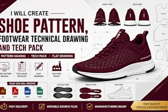 create shoe pattern, footwear technical drawing and tech pack