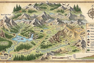 design a custom hiking trail map and outdoor adventure map illustration