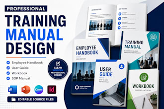 design professional training manual, workbook, employee handbook and user guide