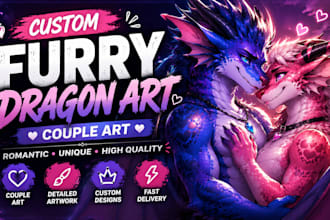 draw custom furry dragon art, dragon fursona and furry couple art