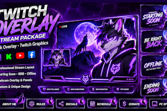 design twitch overlay, stream package, kick overlay and twitch graphics