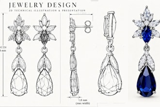 2d jewelry design sketches, technical production blueprints, cad jewelry render