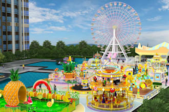 create 3d amusement park design, theme park layout and entertainment zone visual