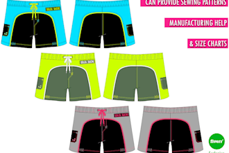 design men swimwear, swim shorts, trunks cad sketch and tech pack