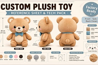 create a custom plush toy tech pack and reference sheet for manufacturers