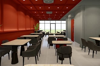design restaurant indoor for marketing, eatery layout, commercial kitchen render