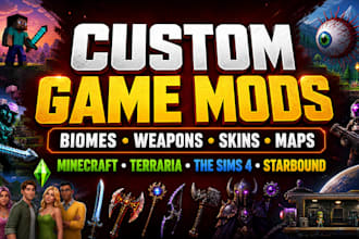 mod minecraft, terraria, sims 4, starbound with biomes, weapons, skins, maps