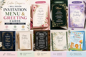 design printable invitation cards, wedding cards, menu cards, greeting cards