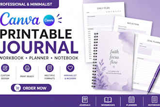design canva printable journal, workbook minimalist digital planner notebook kdp