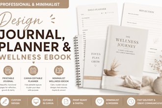 design printable journal, canva editable planner, minimalist wellness ebook