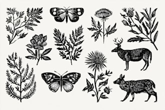illustrate botanical and animal linocut illustration