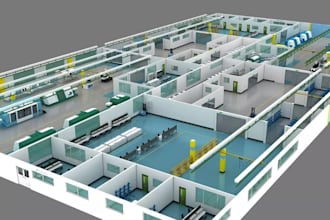 design isometric 3d floor plan for warehouse, factory layouts, cutaway rendering