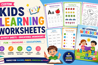 design learning worksheets, activity sheets, educational workbooks for kids