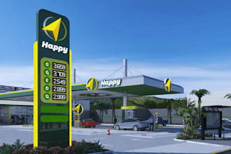 design modern gas station, petrol station and fuel station in 3d, site planning